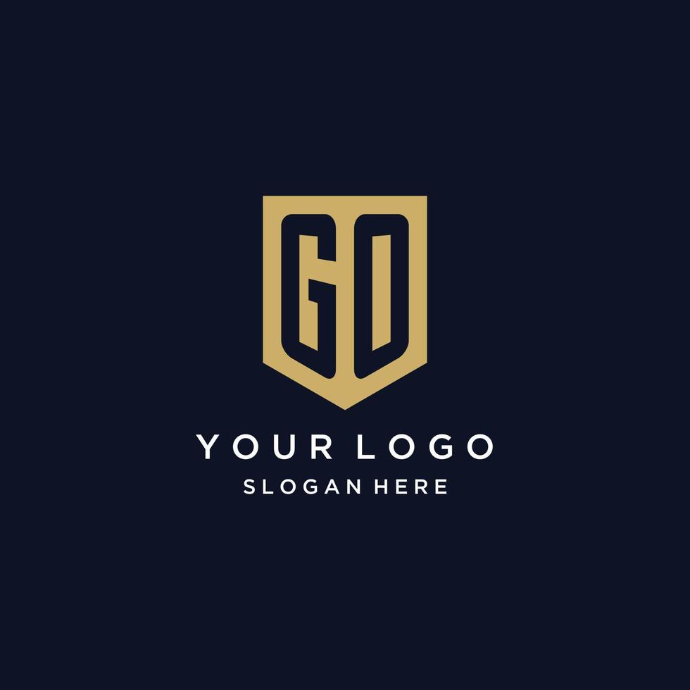 GO monogram initials logo design with shield icon vector