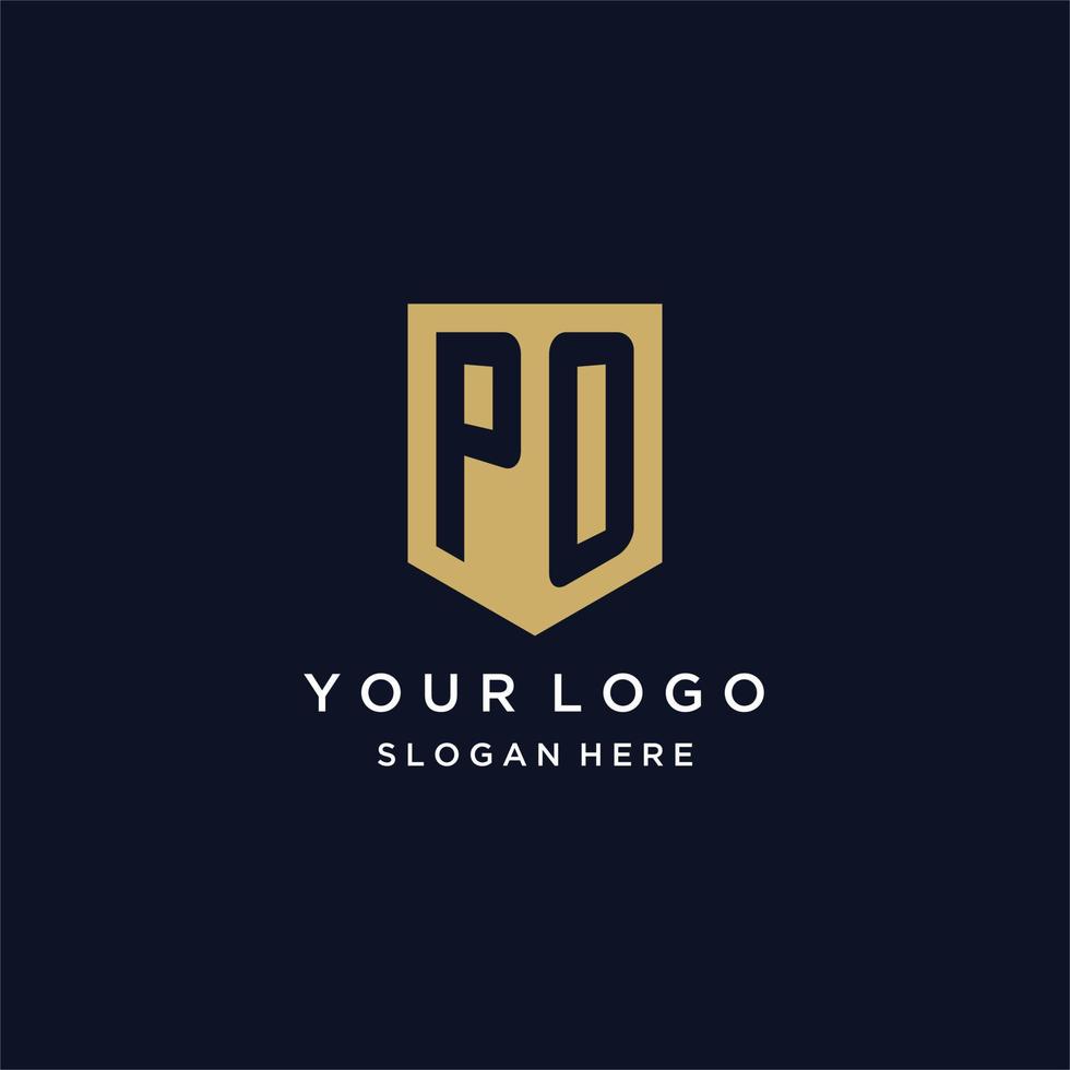 PO monogram initials logo design with shield icon vector