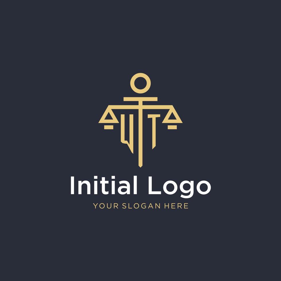 WT initial monogram logo with scale and pillar style design vector