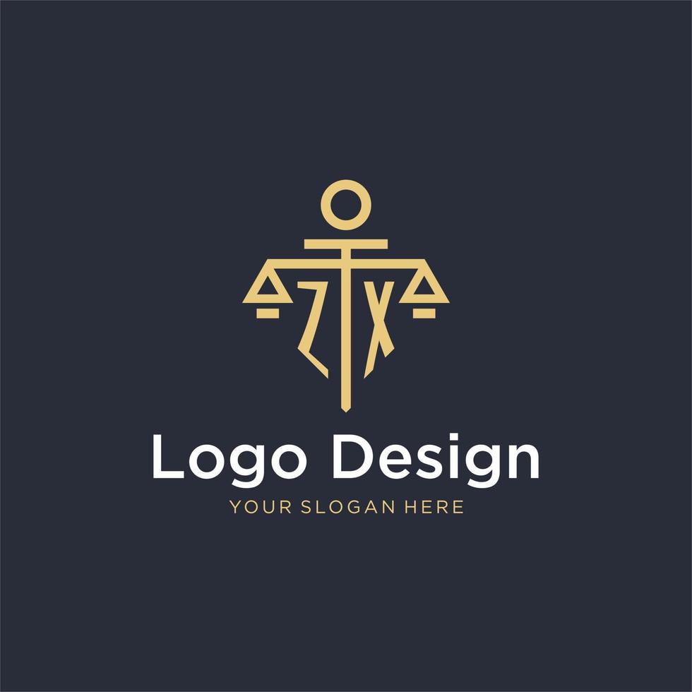ZX initial monogram logo with scale and pillar style design vector