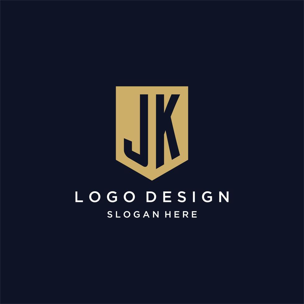 JK monogram initials logo design with shield icon vector