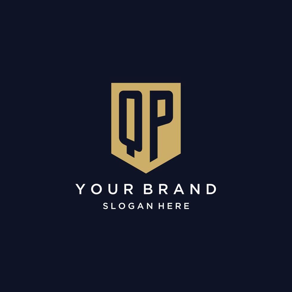 QP monogram initials logo design with shield icon vector