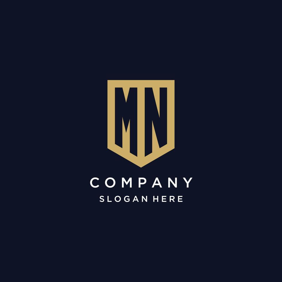 MN monogram initials logo design with shield icon vector