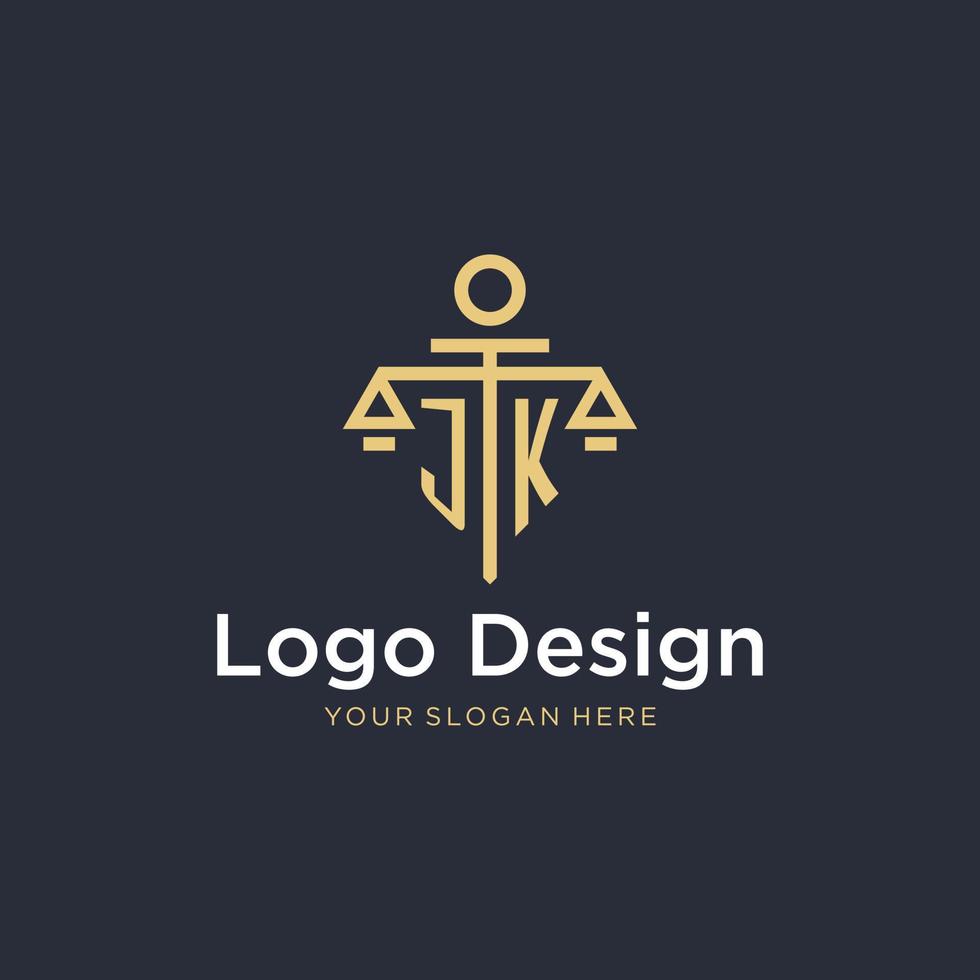 JK initial monogram logo with scale and pillar style design vector