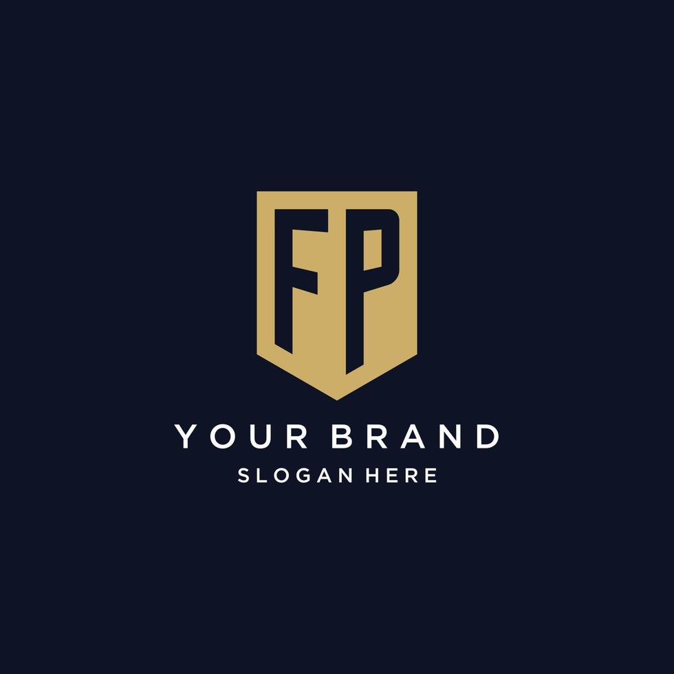 FP monogram initials logo design with shield icon vector