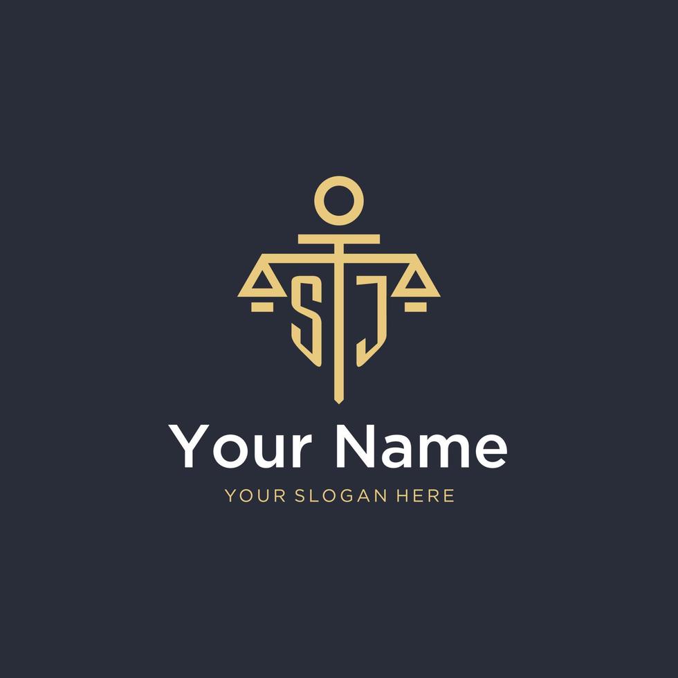 SJ initial monogram logo with scale and pillar style design vector