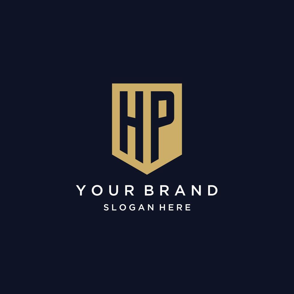 HP monogram initials logo design with shield icon vector