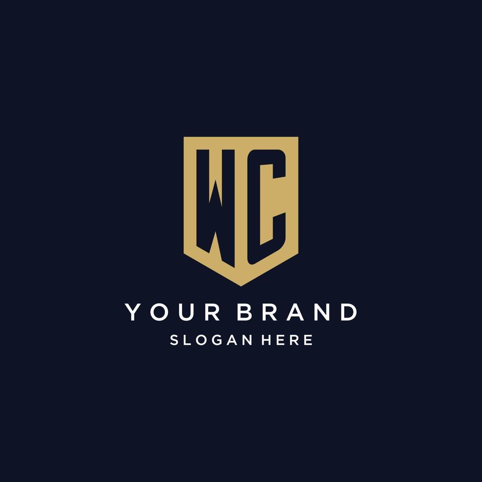 WC monogram initials logo design with shield icon vector