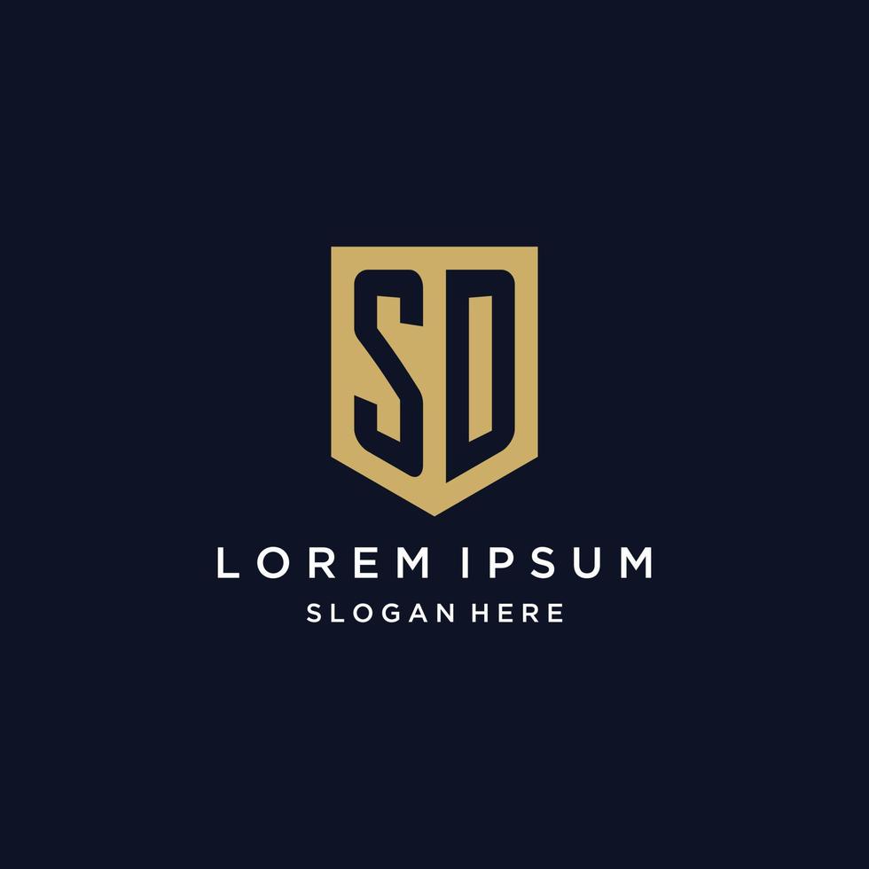 SD monogram initials logo design with shield icon vector