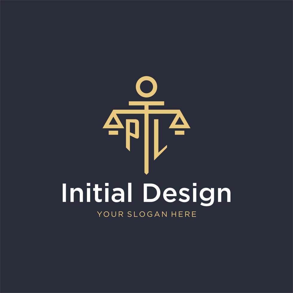 PL initial monogram logo with scale and pillar style design vector