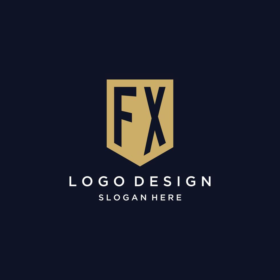 FX monogram initials logo design with shield icon vector
