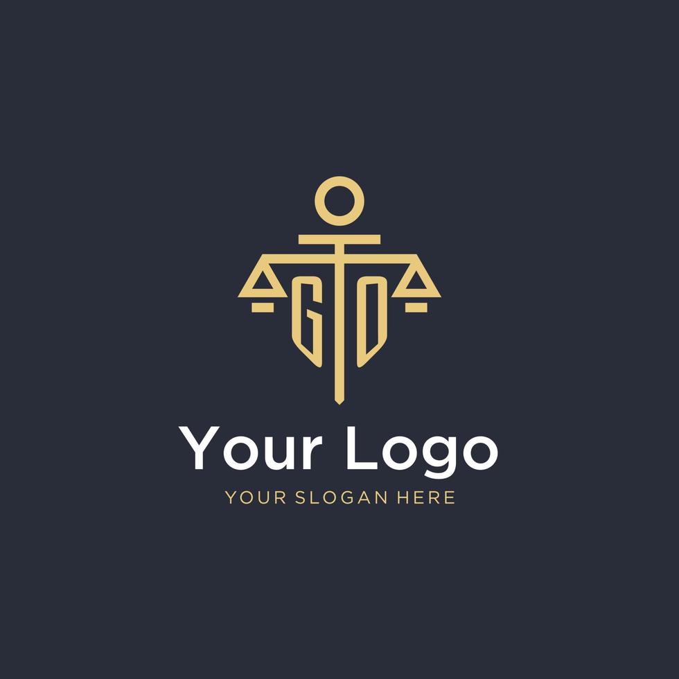 GO initial monogram logo with scale and pillar style design vector
