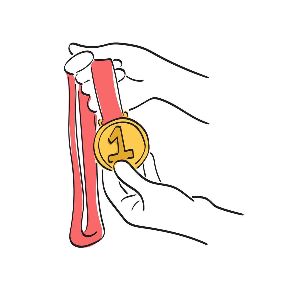 línea arte primer plano mano sosteniendo primer lugar medalla de oro ilustración vector dibujado a mano aislado sobre fondo blanco
