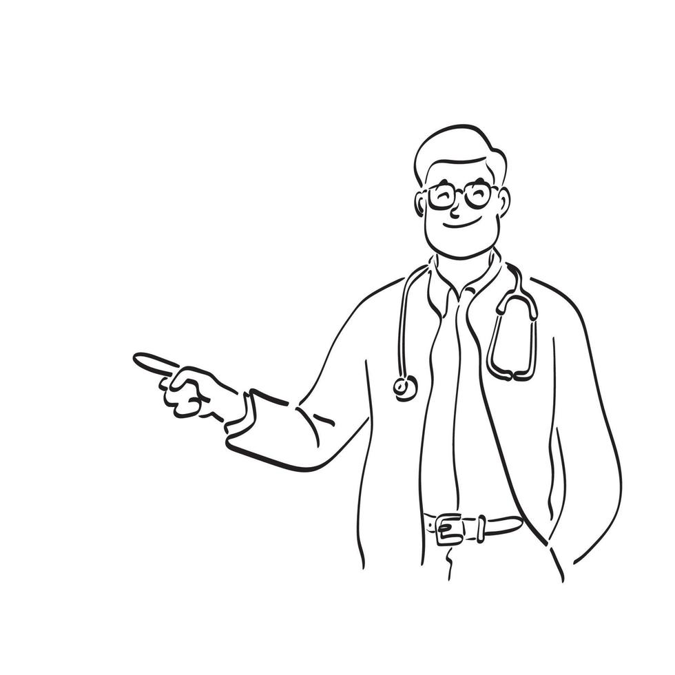 médico varón sonriente mostrando y presentando algo con la mano en el espacio de copia ilustración vector dibujado a mano aislado en el arte de línea de fondo blanco.