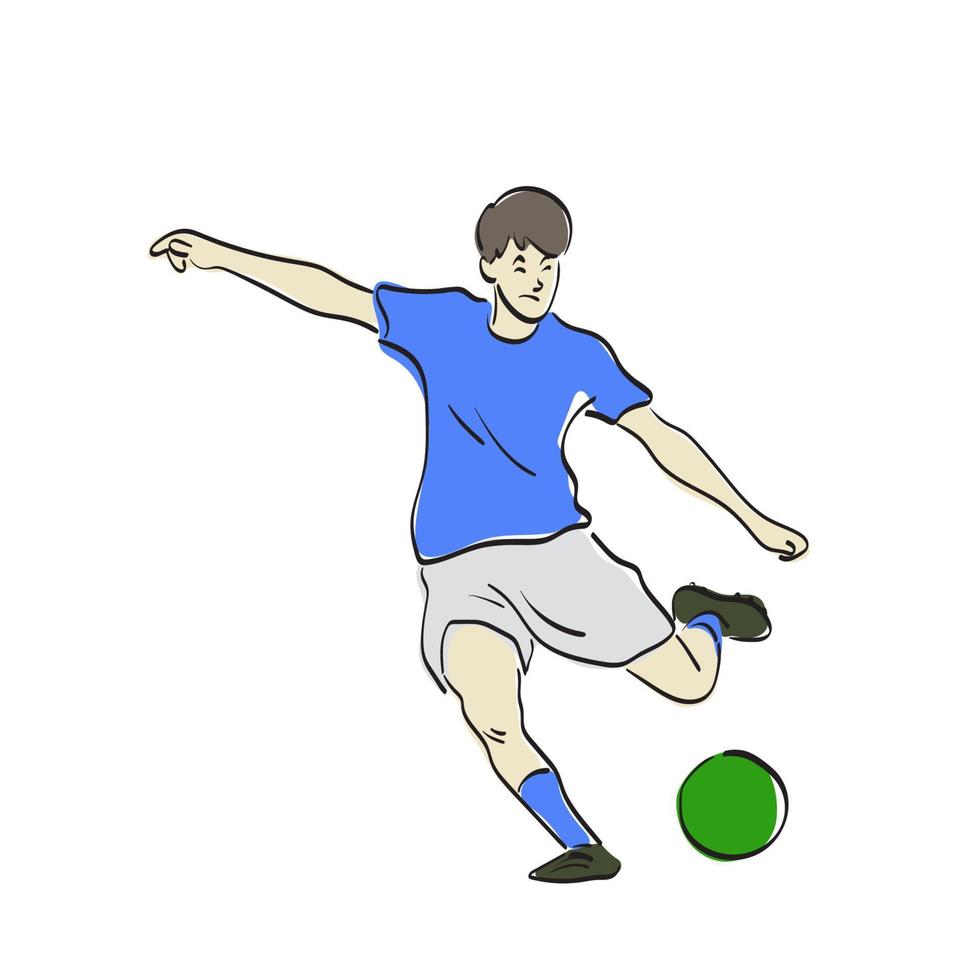 jugador de fútbol de arte lineal en acción ilustración vector dibujado a mano aislado sobre fondo blanco