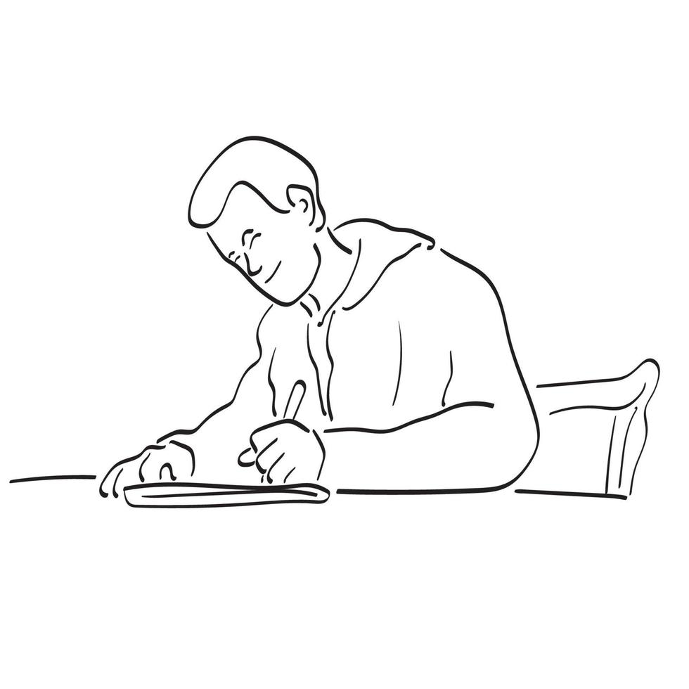 línea arte hombre escribiendo papel en su mesa ilustración vector dibujado a mano aislado sobre fondo blanco