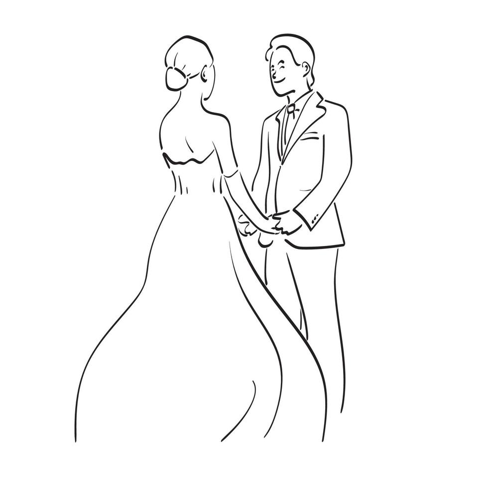 línea arte boda pareja enamorada sosteniendo mano ilustración vector dibujado a mano aislado sobre fondo blanco