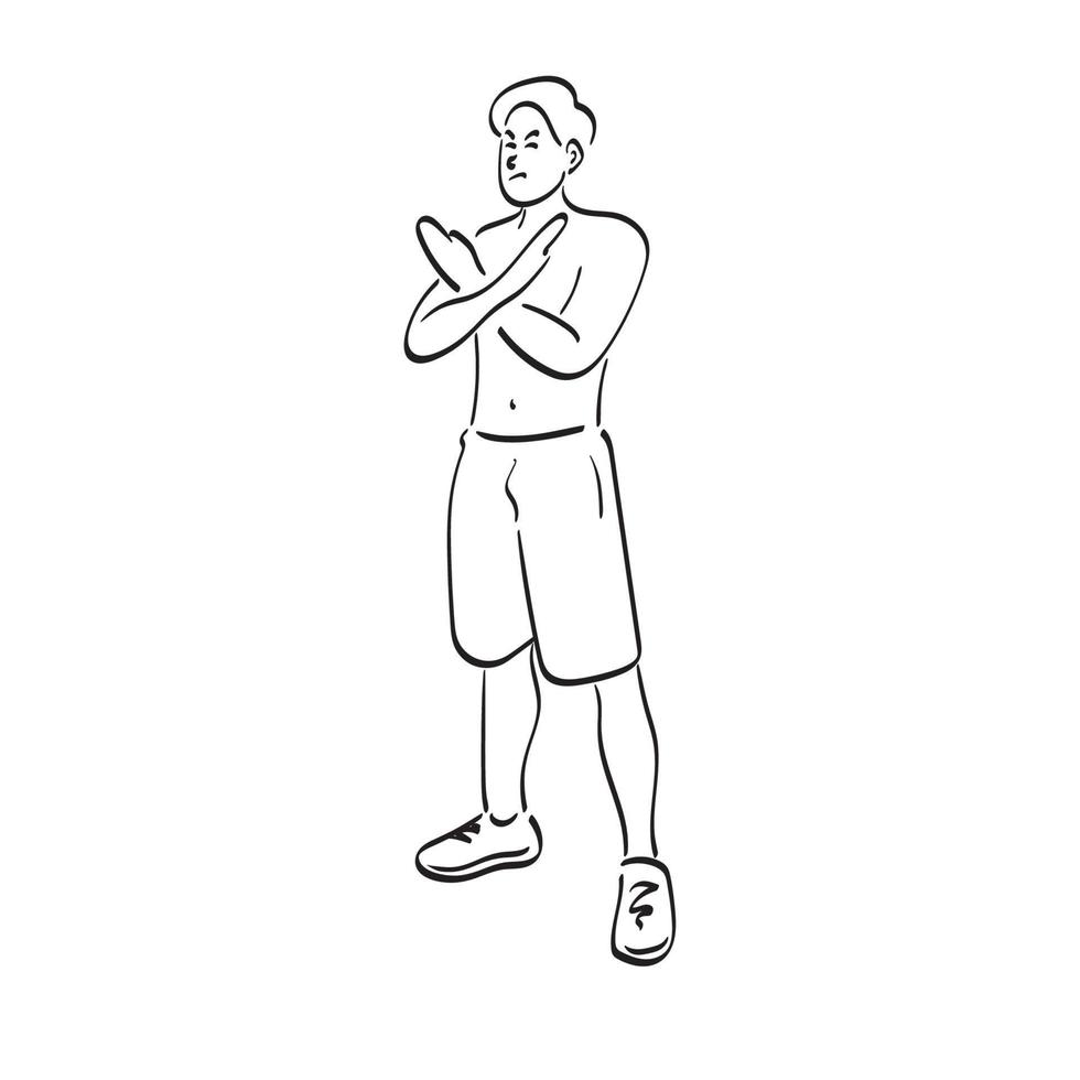 line art full length half naked man making X sign arms gesture illustration vector hand drawn isolated on white background