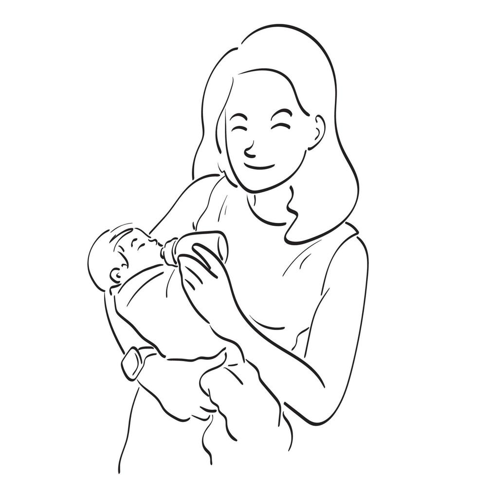line art mother holding and feeding baby from milk bottle illustration vector hand drawn isolated on white background