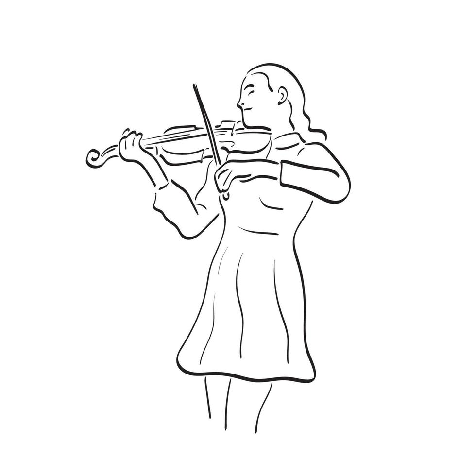 mujer tocando violín ilustración vectorial dibujada a mano aislada en el arte de línea de fondo blanco. vector