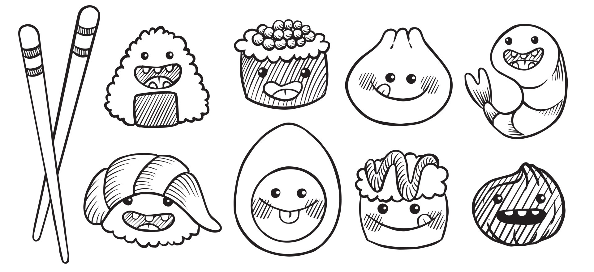 set with cute drawings of asian food. Japanese food. funny smiling ...