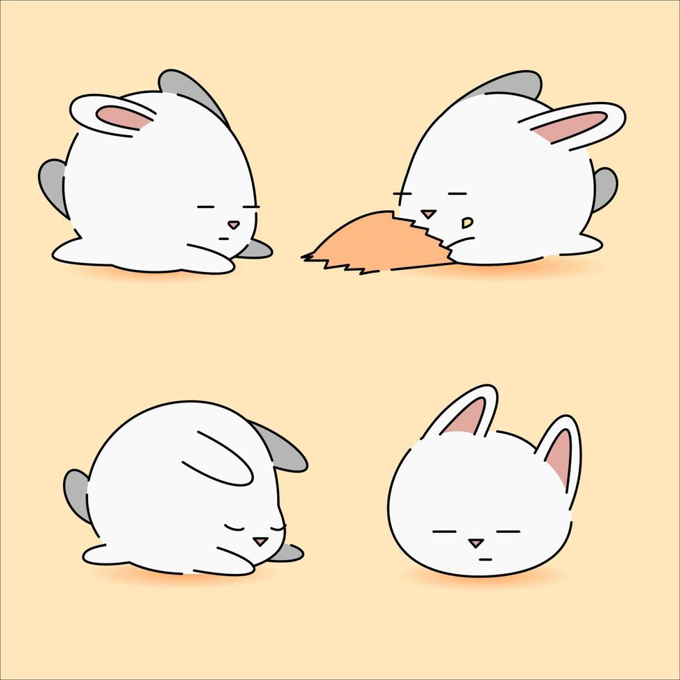 Illustration of lazy bunny expression, rabbit lazy lay on ground, rabbit eat snack flat vector illustration