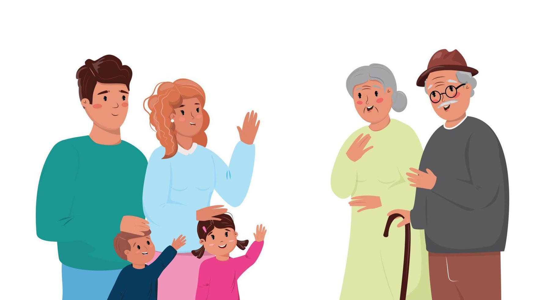 ilustración de una familia con diferentes generaciones. visita a los abuelos. familia, generación, jubilación, amor, ilustración del concepto de unión. vector