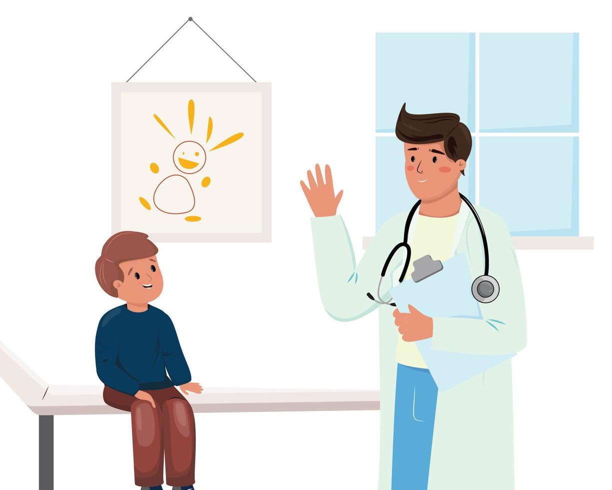 médico pediatra revisando al pequeño paciente. ilustración con un médico y un niño en la habitación. salud infantil, pediatría, atención médica, ilustración del concepto de hospital. vector