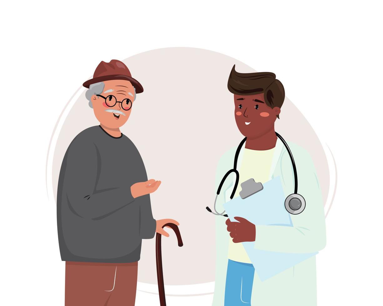 Illustration of a white elderly man talking about his problems and symptoms to the young black doctor. Medical, medicine, healthcare, elderly care concept illustration. vector