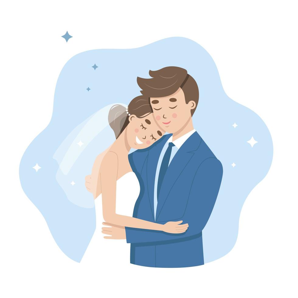 Wedding happy couple of bride and groom holding each other. Just married wife and husband hugging on their wedding ceremony. Vector cute characters for card invitation to marriage event