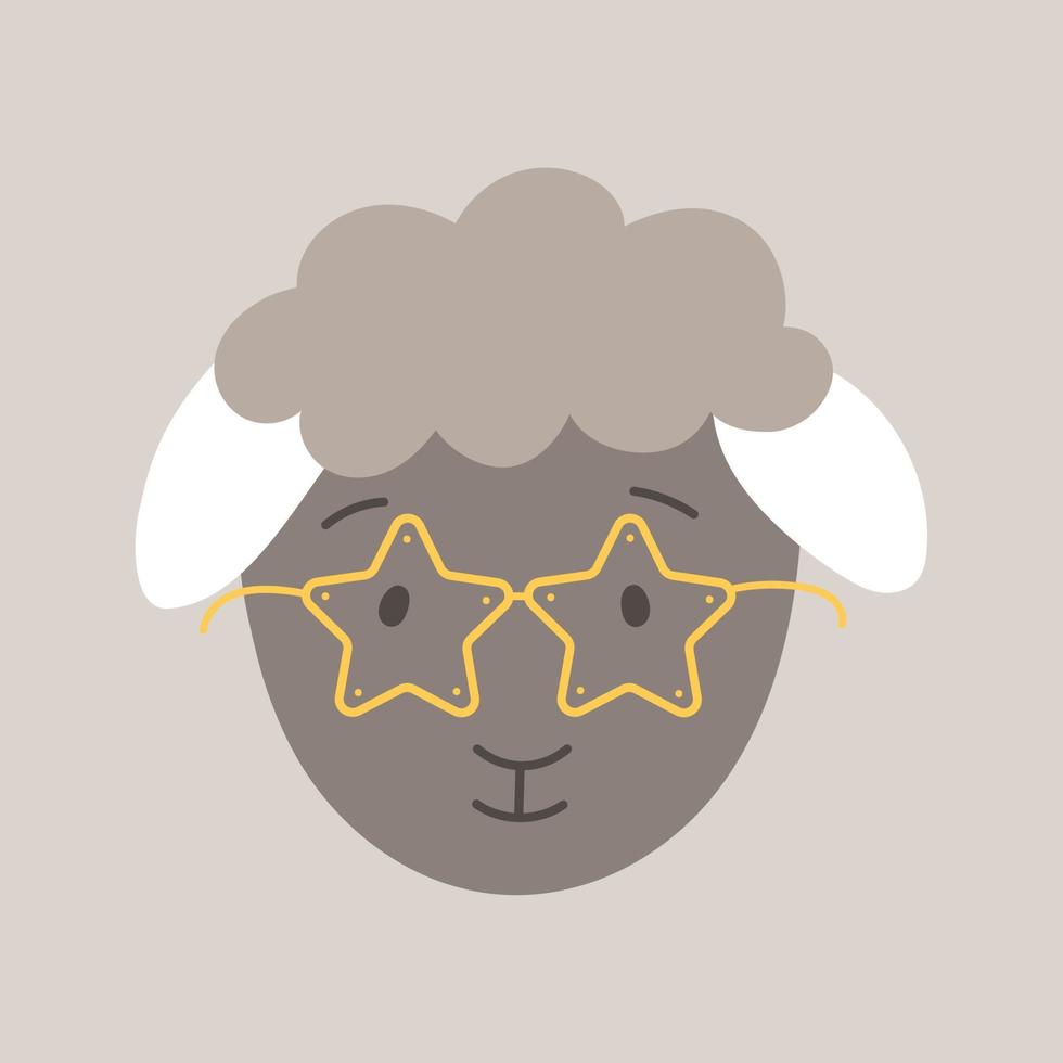 Cute vector sheep with star glasses, doodle lamb icon for children, illustration of farm animal