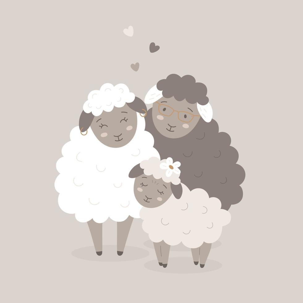 tarjeta de vector con lindos padres de ovejas con niño feliz. animales mamá, papá y ovejas bebés personajes para el saludo del día de la familia. estampado de corderos de granja planos para niños de animales
