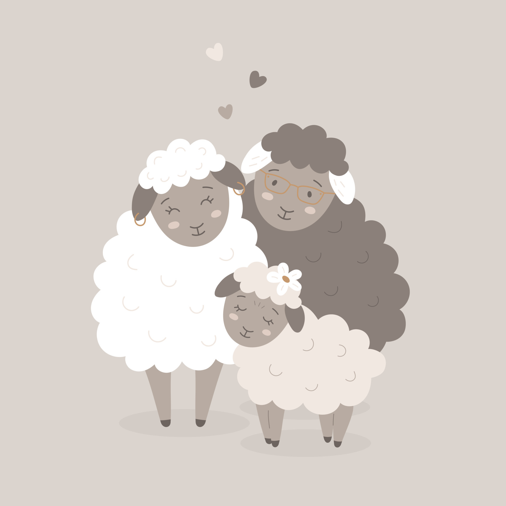 Vector card with cute sheeps parents with happy child. Animals mom, dad