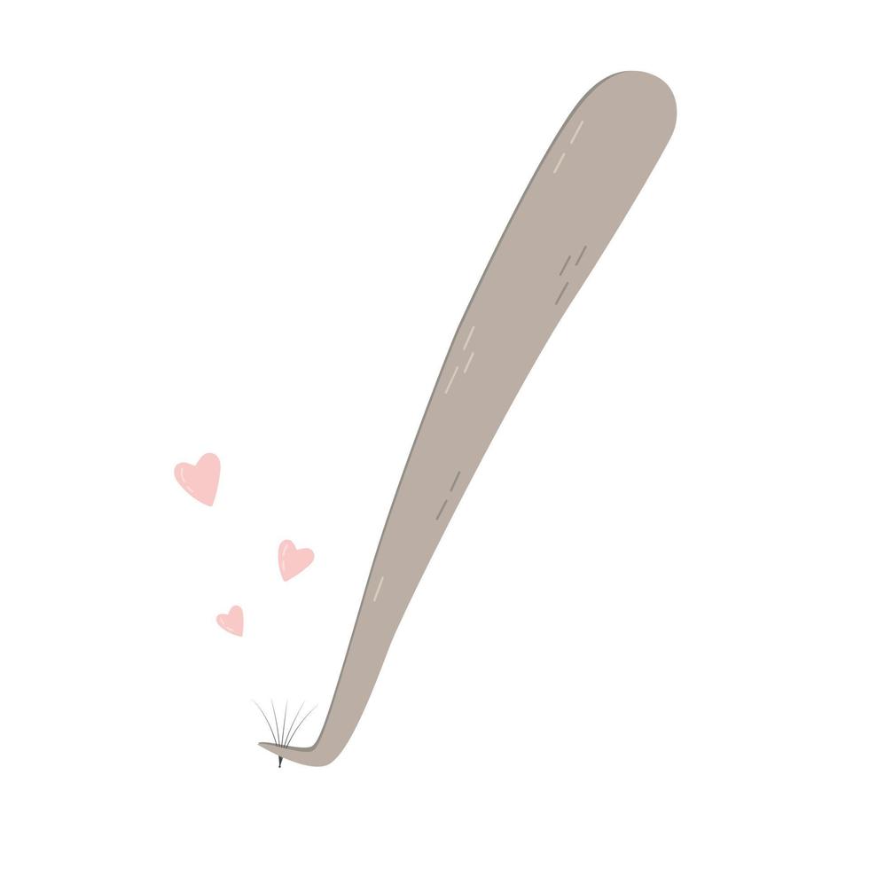 Flat tweezers for eyelash extensions with love. Vector illustration of cute artificial eyelashes, equipment and materials for salon beauty procedure. Professional tweezing by lashmaker
