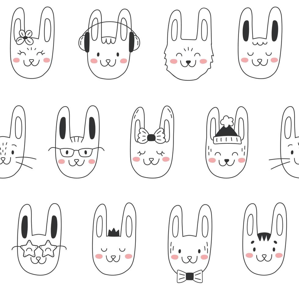 patrón vectorial sin costuras con lindos conejos de contorno en gafas, sombrero, con arco, flor. conejito negro como símbolo del año nuevo chino. colección de personajes de conejo vector