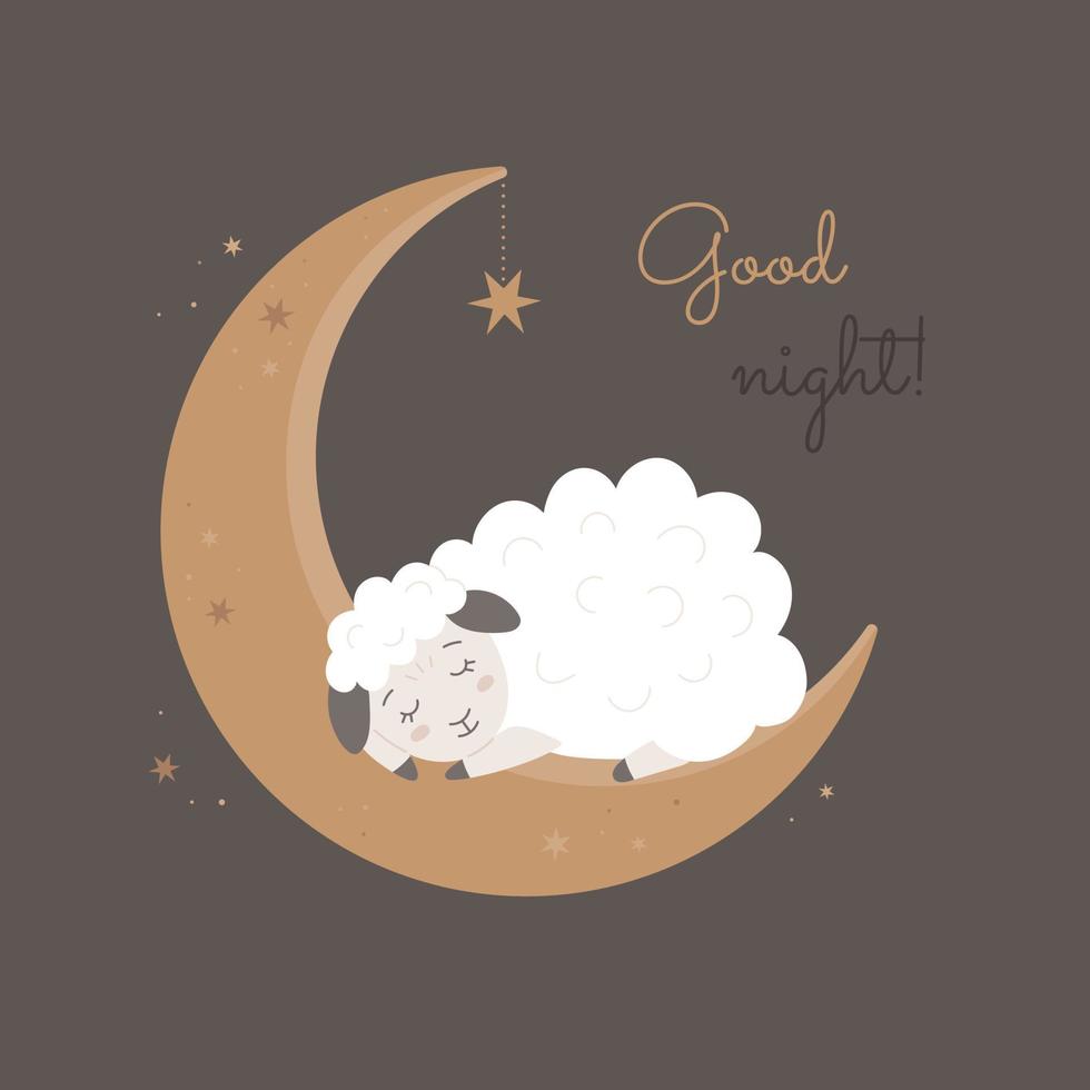 linda ovejita durmiendo en la luna con estrellas. ilustración plana de  cordero para niños. dulces sueños