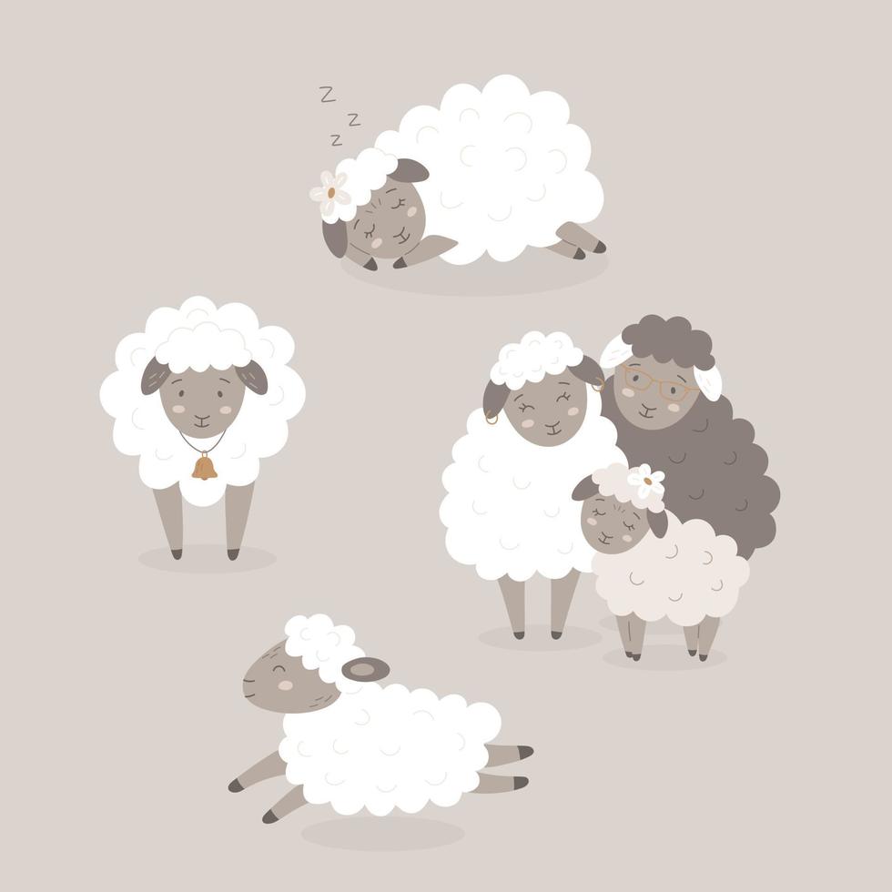 Vector set of cute cartoon sheeps standing, jumping and lying Lambs icons with bell, flower, glasses for children. Farm animals collection for kids print