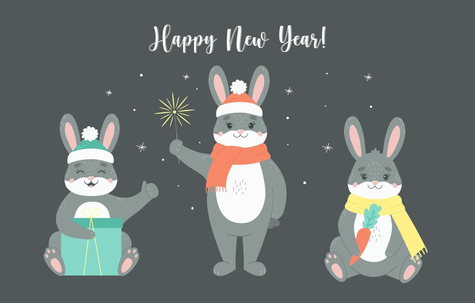 Vector set of black bunny in santa hat and scarf with carrot. Cartoon illustration of a symbol of chinese new year 2023. Rabbit with gift box and bengal fire. Cute collection of winter rabbits