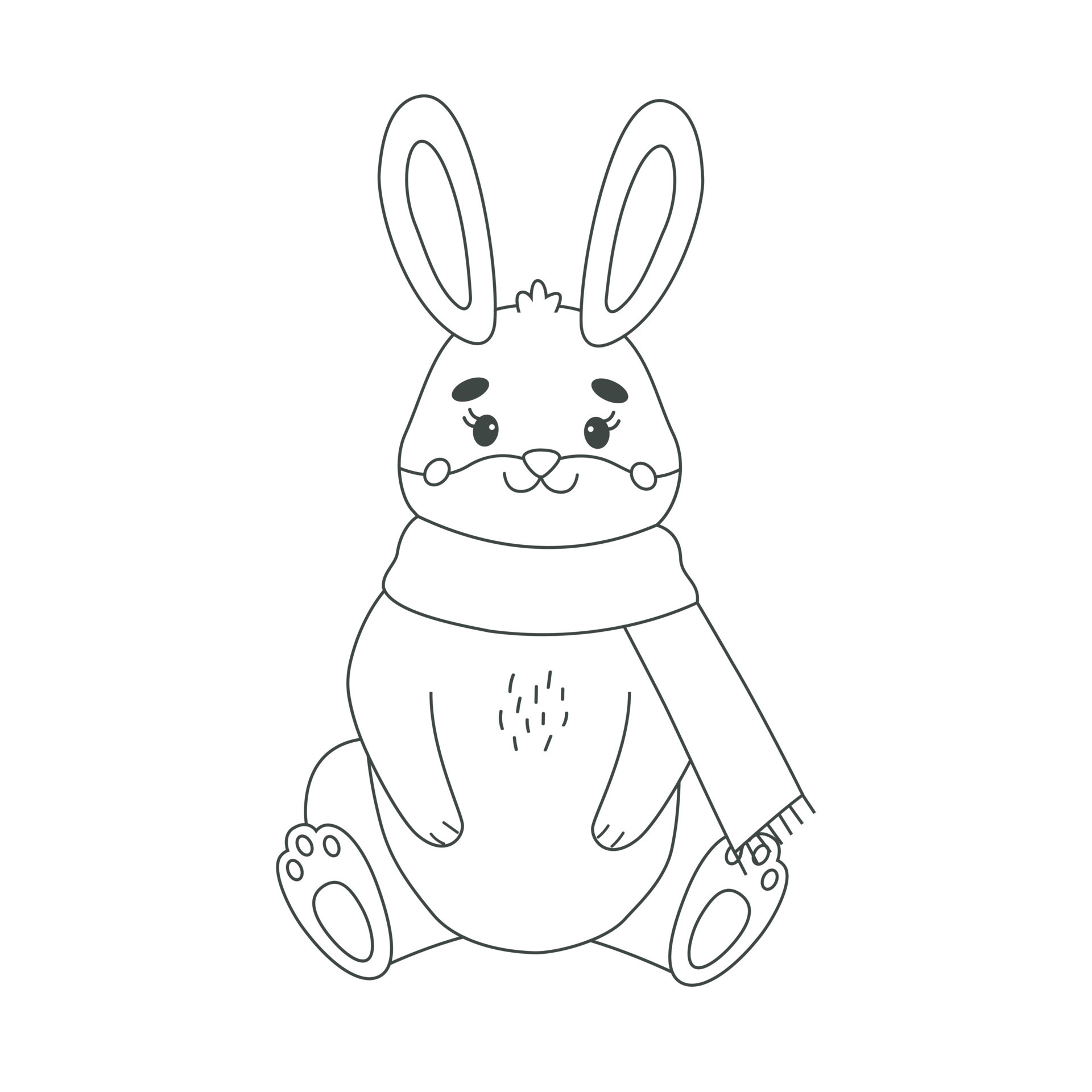 Vector outline bunny in scarf. Line winter illustration of a symbol of ...