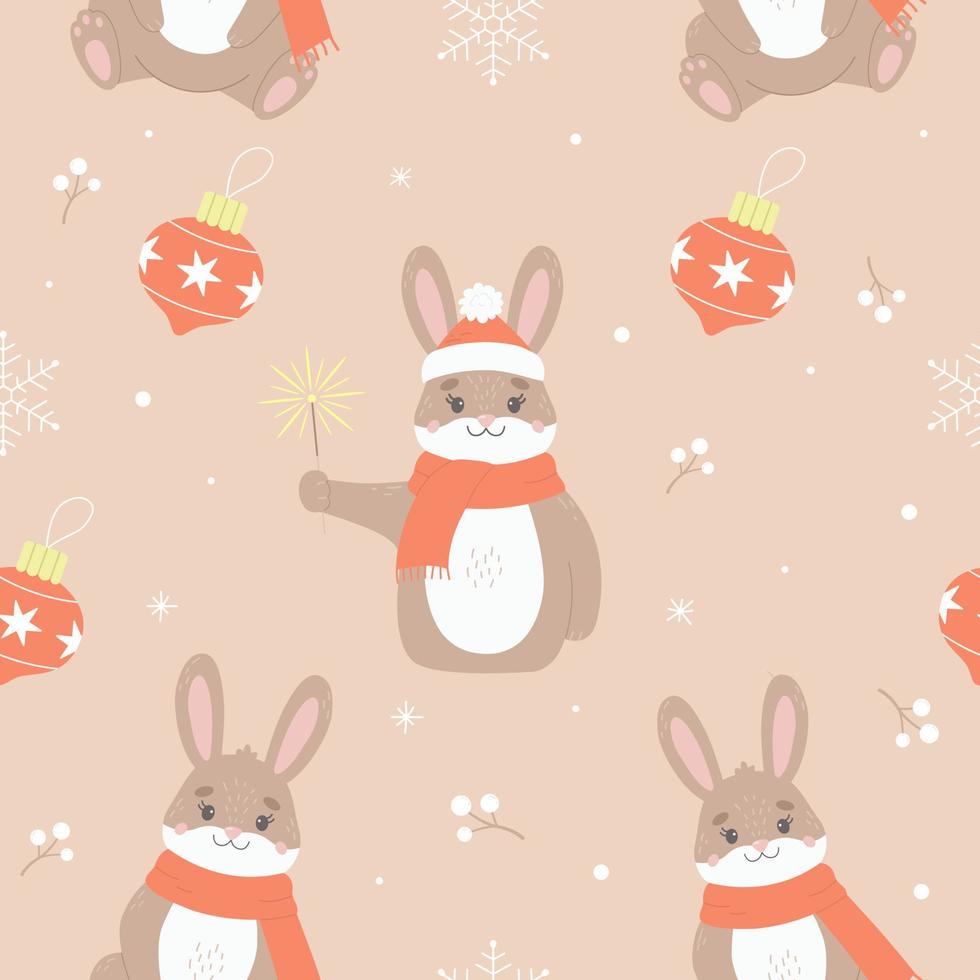 patrón vectorial sin costuras con lindos conejos como símbolo del año nuevo chino 2023. dulce conejito en sombrero y bufanda para niños estampado navideño en textil. conejo de dibujos animados de invierno para niños vector