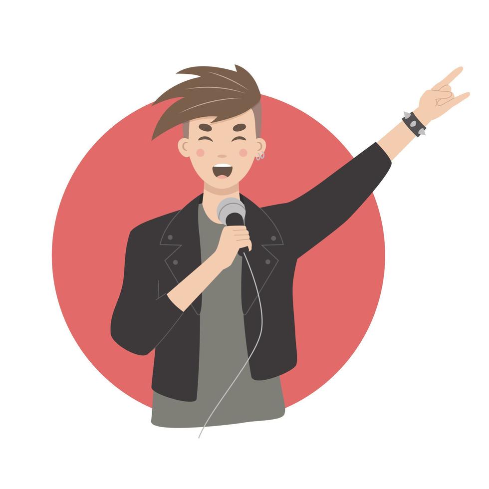 Vector rock singer with microphone and punk hand gesture. Rocker man with earrings and armlet singing heavy metal. Flat cool boy vocalist on the show concert