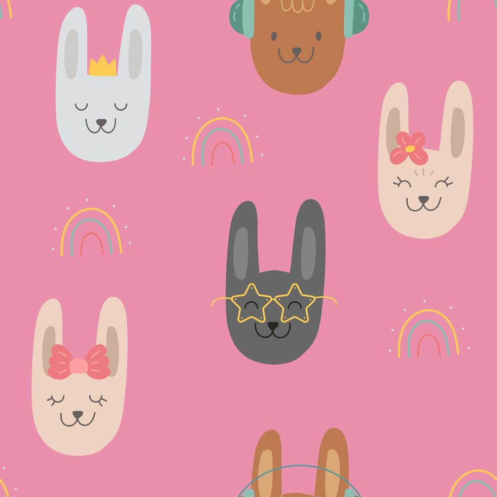 patrón vectorial sin costuras con lindos conejos de color en vasos, con flor, arco para niños. conejito como símbolo del año nuevo chino. colección rosa de íconos de conejo multicolor para niños estampado textil vector