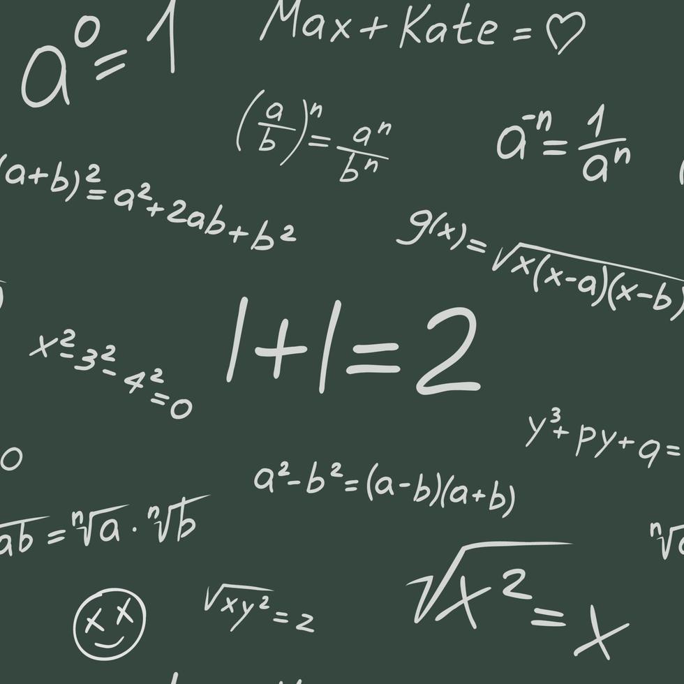 patrón de fórmula matemática dibujado a mano. ilustración perfecta de vector de educación con humor. pizarra escolar con elementos de línea escritos con tiza, fórmulas matemáticas, sonrisas y letras. estudio divertido
