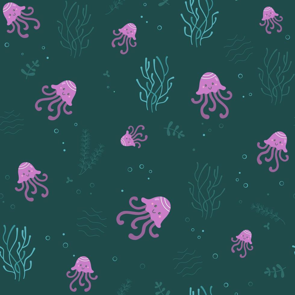 Seamless cute jelly fish, seaweed and bubbles pattern. Cartoon vector illustration of sea and ocean underwater world. Design element for gift wrap, textile print or home decor