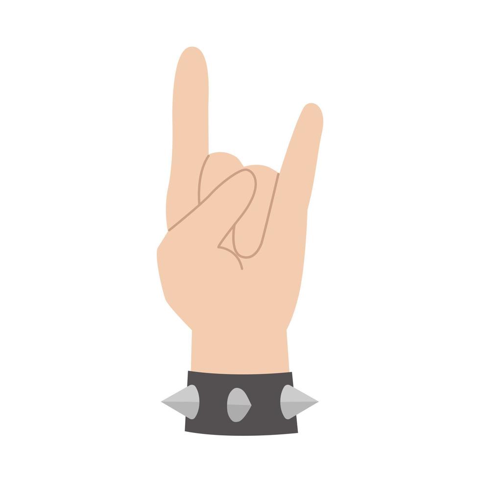 gesto de mano de metal pesado. símbolo de brazo de rock y punk con brazalete con púas. ilustración vectorial plana del signo basculante con pulsera con espinas vector