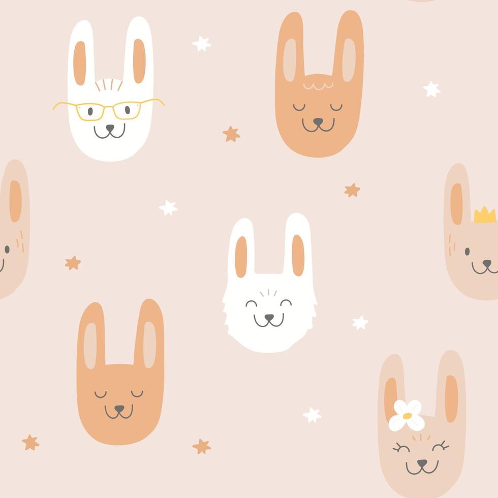 patrón transparente de vector con lindos conejos de color en vasos, con flor. conejito como símbolo del año nuevo chino. colección de iconos de conejo para estampado textil infantil