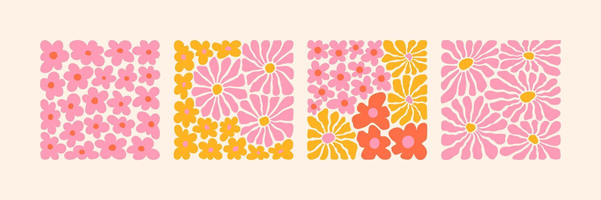 Groovy abstract flower art set. Organic doodle shapes in trendy naive retro hippie 60s 70s style. vector