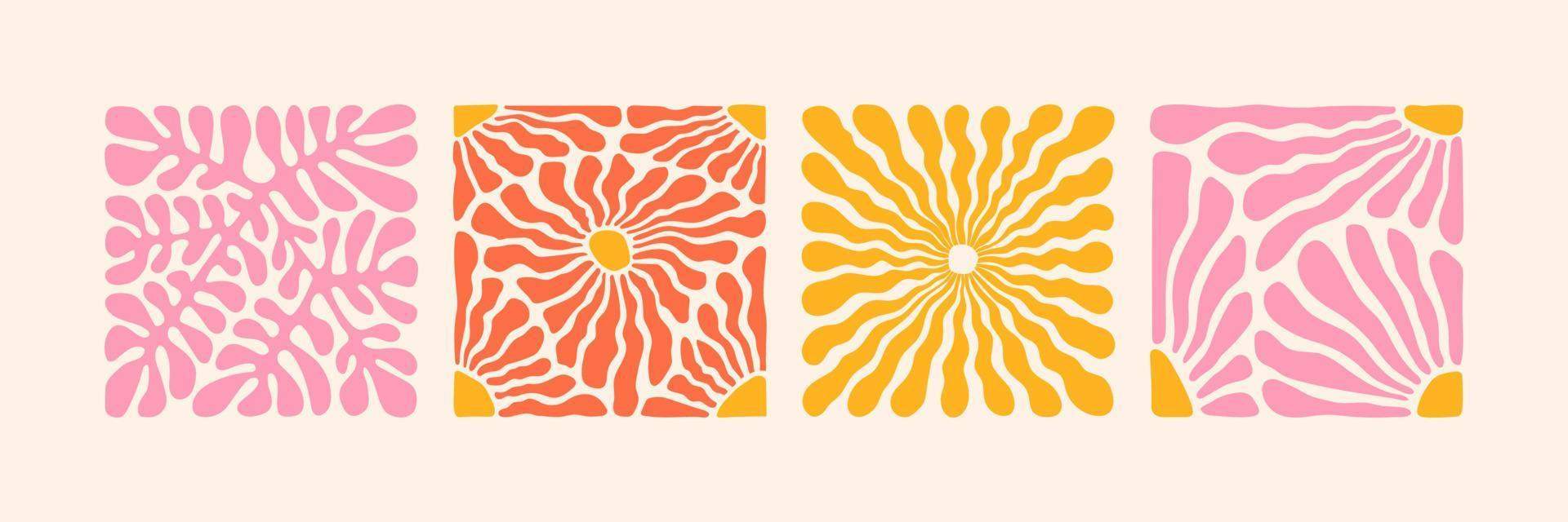 Groovy abstract flower art set. Organic doodle shapes in trendy naive retro hippie 60s 70s style. vector