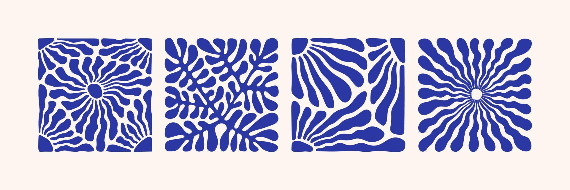 Matisse abstract flower art set. Organic doodle shapes in trendy naive retro style and blue colors. vector