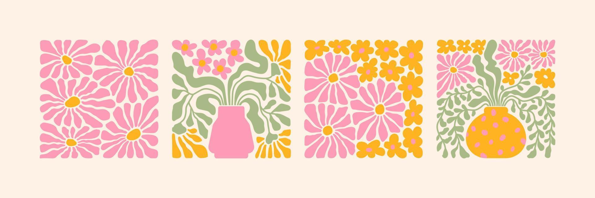 Groovy abstract flower art set. Organic doodle shapes in trendy naive retro hippie 60s 70s style. vector